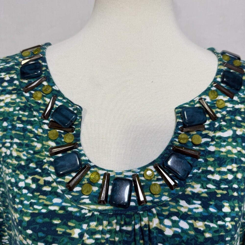 Ruby Rd Womens Large Blouse Knit Top Shirt Embellished Neckline Green Blue - Picture 5 of 8